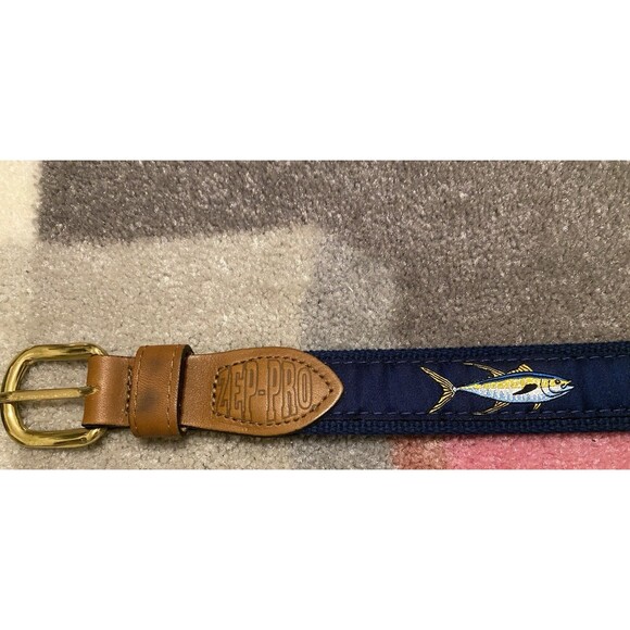 Zep-Pro Belt Mens 32 Boys Canvas Leather Brass Blue Game Fish Fishing USA Made - Picture 9 of 16